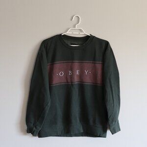 Obey Men's S Green‎ Crewneck Graphic Pullover Long Sleeve Fleece Stretch Sweater